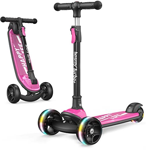 besrey Trottinette Pliable pour Enfant de 2 à 10 Ans, Trottinette Enfant 3 Roues débutante avec Roues Lumineuses, Hauteur réglable, Rose