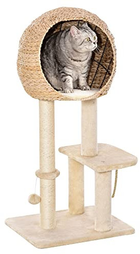 PawHut Kratzbaum 100 cm Katzenturm mit Höhle, Spielball, Sisalstämme, Plattform, mehrstöckiger Katzenkratzbaum, Kletterbaum, für mittelgroße Katzen, Beige