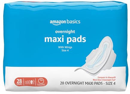 Amazon Basics Thick Maxi Pads with Wings for Periods, Overnight Absorbency, Leak Protection, Super Absorbent, Unscented, Size 4, 28 Count