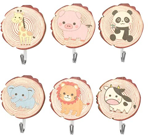 YunBey 6 Stück Selbstklebender Haken aus Holz, Wandhaken aus Holz in Tierformen, Kleiderhaken Kinder für Bad Toilette Küche Büro, Handtücher Mützen