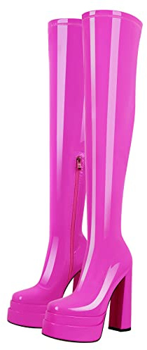 MissHeel Square Toe Thigh High Boots Double Platform over the Knee Boots Chunky High Heels Patent Leather