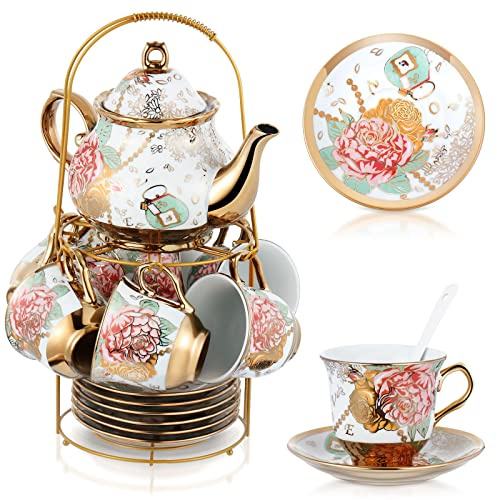 Zhehao Porcelain Tea Set with Metal Holder and Spoon Adult Ceramic Tea Set European Flower Painting Teapot Cup Saucer Spoon for Women Mom Gift, Large Version(Bright Style,20 Pcs)