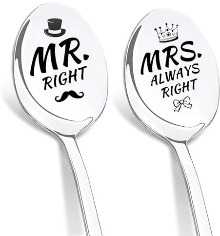 DIKARIYA Regali di Coppia Mr e Mrs, Cucchiaini da Caffè Acciaio Inossidabile con Incisione Miglior Mr Right Mrs Always Right, Ideali Idee Regalo Coppie per Anniversario Matrimonio per Sposa e Sposo