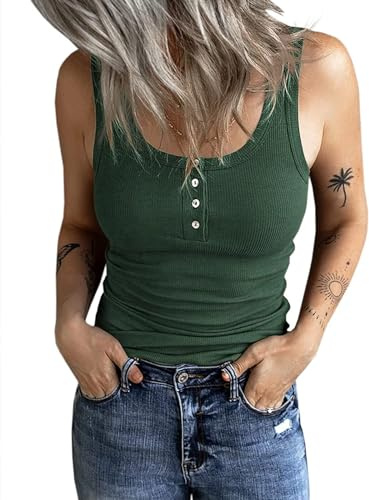 Fessceruna Women's Tops Sexy U Neck Tank Top with Buttons | Sleeveless, Ribbed, Stretch, Slim Fit, Summer Basic Camisole Shirts, Casual Tunic Vest