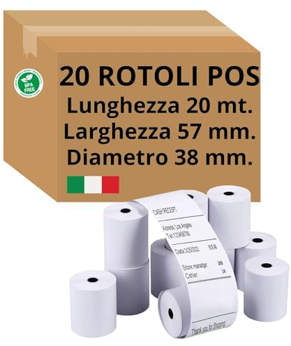 Easy8 20 Pos-rullar, 57 x 20 meter, Pos-rullar, hål 12 mm, för Sconini, termiska pappersrullar, bankomat, kreditkort, Made in Italy