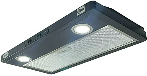 Shield Autocare 12v Camper Exhaust Cooker Hood 2x Downlights Black Stainless Steel Ideal for Motorhome, Caravan, Van Conversions
