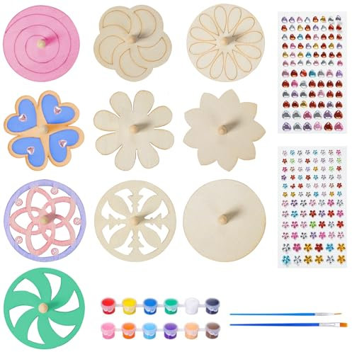 Prebarfun 15 Stück Kreisel aus Holz Bastelset, Holzkreisel, Holz Basteln, Mitbringsel Geburtstag mit Aquarellstift & Edelsteinaufkleber für Basteln