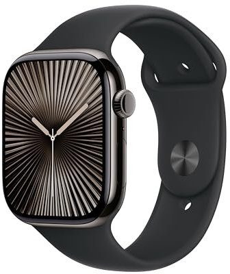 Apple Watch Series 10 GPS + Cellular 46 mm Smartwatch with Slate Titanium Case with Black Sport Band - S/M. Fitness Tracker, ECG App, Always-On Retina Display, Water Resistant
