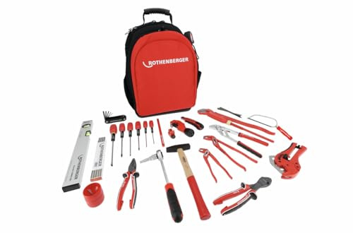 Rothenberger Profi-Werkzeugset 34-tlg. I Werkzeugrucksack für Heizung, Sanitär, Klima I mit Wasserpumpenzangen, Rohrabschneider, Schraubendreher-Set & mehr I Robuster Rucksack mit Fächeraufteilung