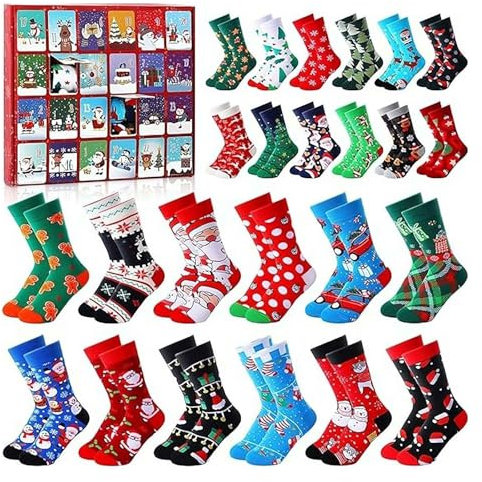 24 Paar Socken Adventskalender 2025, Weihnachtssocken, lustiger Countdown bis 2025, warme, weiche Baumwollsocken für Damen und Herren, Weihnachtsgeschenk, 24 Paar