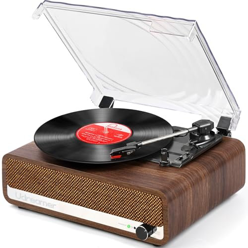 Udreamer Record Player with Speaker Bluetooth Turntable Vintage Vinyl Player Support USB AUX-in Headphone RCA Line-Out 3 Speed Belt-Driven Auto-Stop Mirror Design Walnut