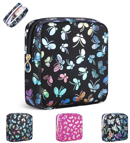 Pochette Femme Mini Petite Trousse Maquillage Sac à Cosmétique Pochette Voyage Portable Trousses de Toilette Fille Enfant avec Papillons Image Rangement Maquillage Bijoux Serviette Hygiénique(Noir-B)