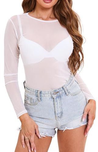 Eisnnu Damen Mesh Oberteile Transparentes Langarm Shirt Frauen Durchsichtige Rundhals T-Shirt Sexy Netzoberteil Party Tops(L,Weiß)