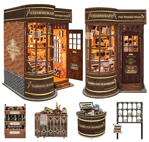 DIY Magic Book Nook Kit - 3D Wooden Puzzles for Adults and Teens,Bookshelf Decor DIY Miniature Dollhouse Kit with Led Light,Gifts for Family Friends -Magic Wand Shop(SQ-51)