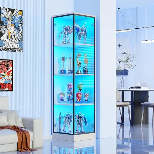 BROTTAR Eckvitrine mit LED Beleuchtung, Vitrinenschrank mit Menschlicher Sensor, Eckschrank & Bücherregal für Sammlervitrine und Wohnzimmer Schlafzimmer Studierzimmer, Weiß