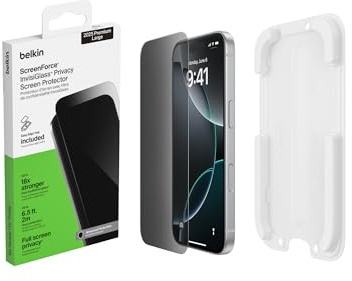 Belkin ScreenForce InvisiGlass iPhone 17 Pro Max Privacy Screen Protector, Scratch-Resistant Impact Protection, Easy Align Tray for Bubble Free Application Included, 9H Hardness Tested Recycled Glass