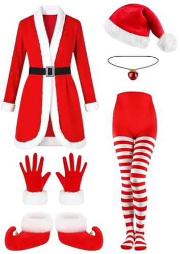 Santa Claus Costume,Funny Dress Suit | Mrs Claus Costume with Bell Necklace Stockings Boots | for Party Cosplay Stage Performance