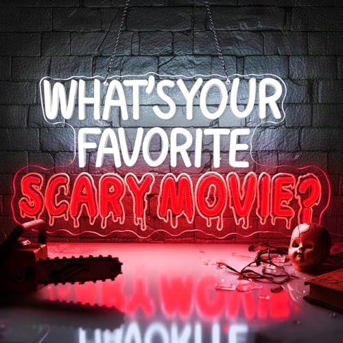 Lxmoneon What's Your Favorite Scary Movie Insegna al neon, Insegne luminose LED dimmerabili USB per film horror luce al neon gotica per camera da letto bar film horror festa di Halloween regalo