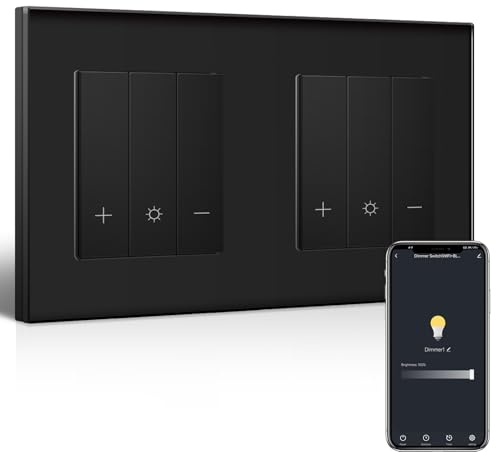BSEEDLIFE Double Interruptor Regulador Inteligente WLAN con Marco de Cristal, Interruptor Regulable WiFi, Compatible con Alexa, Google Home, Interruptor de luz Empotrable, Negro(Se necesita Neutro)