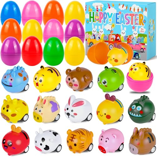 OCTERIC 28 Pcs Prefilled Easter Eggs with Animals Toy Cars, Easter Theme Cartoon Animal Vehicles for Party Favors Easter Basket Stuffers for Holiday School Classroom Prizes Goodie Bags Fillers