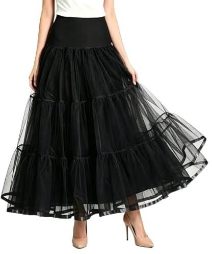 Hykiee Women's Petticoats for Under Dress Long, Crinoline Underskirt S-XL | White Black A-line Ankle/Calf-Length Tulle Ruffled Half Slips, Petticoat Underskirt for Dresses,Puffy Under Skirt for Wedding