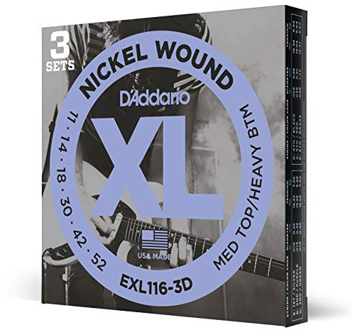 D'Addario EXL116 Cuerdas de Guitarra Eléctrica Entorchadas en Níquel, Medias Altas/Pesadas Inferiores, 11-52, 3 Juegos, 11-52, Med. Top/Hvy. Bottom, 3-Pack