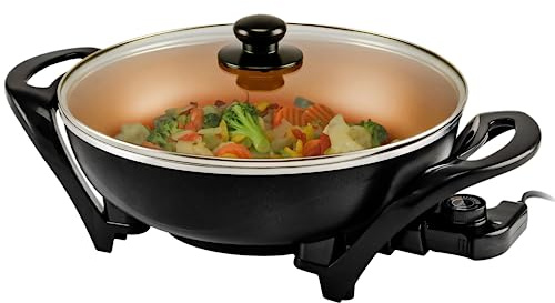 OVENTE Electric Wok with Nonstick Coating, 13 Inch Family-Sized Skillet, 1400W Power, Adjustable Temperature, Tempered Glass Lid, Cool Touch Handles and Easy to Clean Frying Surface, Copper SK3113CO