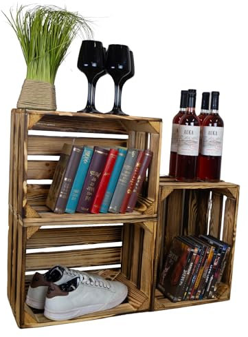 Holzkiste Bella geflammt40 x 30 x 25cm Weinablage Weinaufbewahrung Kindeschuhregal Bücherregal Ablageregal Möbel-Kiste | Wein-Kiste | Obst-Kiste | Apfel-Kiste (3er set, Bella ohne)