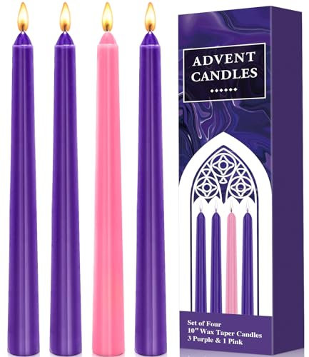 Frasheng Candele dell'Avvento,Candele per candelabro,Candele Coniche,Ø 2 x 24 cm,Calendario dell'Avvento,Candele natalizie, 4 pezzi, 3 viola 1 polvere