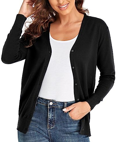 CUNYI Cardigan para Mujer Escote en V Rebeca de Punto Manga Larga Chaqueta de Mujer con Botones Abrigo Elegante, Negro XXL