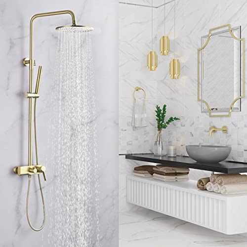 CHALIRS Brushed Gold Exposed Shower System with 2 Modes HandHeld,3 Functions Tub Shower Faucet Sets with Brass Valve, Shower Fixture with 10 Inches Rainfull Shower Head,Shower Height Adjustable