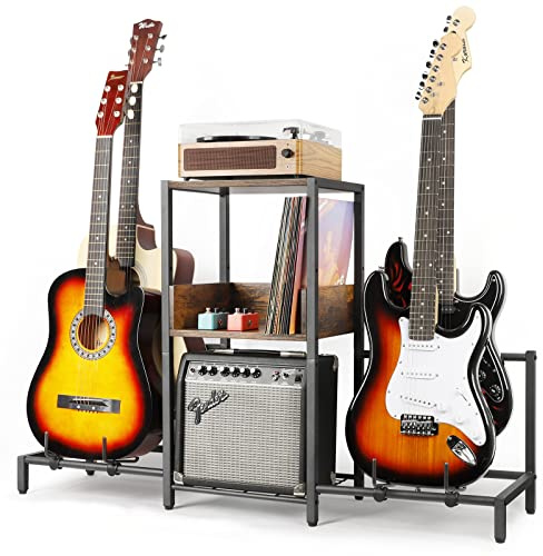 Bikoney Guitar Stand for 4 Guitars - Acoustic, Electric, Bass & Ukulele Floor Rack with 2 Wood Shelves for Amp Holder, Vinyl Records & Media Storage - Adjustable Multi Guitar Display Stand for Music Studio Home (Patent)