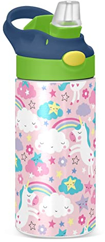 Poeticcity Seamless White Unicorns Cloud Colorful Rainbow Stars on Pink Tumbler with Lid & Straw, Boys Girls Stainless Steel Double Wall Cup Water Bottle BPA-Free Vacuum Insulated Thermal Mug 11.8 Oz