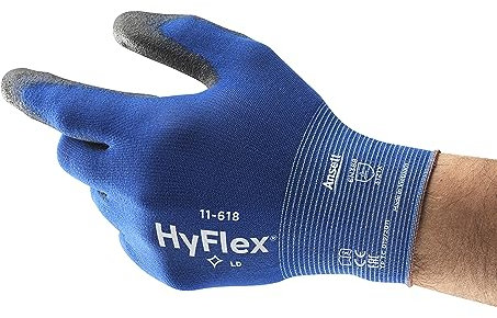 Ansell HyFlex 11-618 Mechaniker- Nylon Handschuhe, Abriebfeste Schutzhandschuhe mit PU-Beschichtung, Sicherheitshandschuhe für Präzisionsarbeiten, Touchscreen-Arbeitshandschuhe, 1 Paar, Gr. S