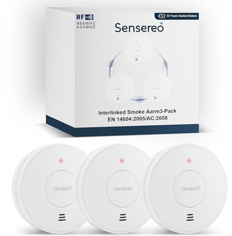 Sensereo Détecteur de Fumée sans Fil Interconnecté | Alarme Incendie avec Batterie Scellée pour 10 Ans et Indicateur LED | Portée de 250 m | Certifié CE EN14604 (Pack de 3)