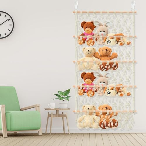 NIHUIFDPY 4-Layer Large Capacity Stuffed Toy Hammock Organizer, Versatile Plush Toy Storage with 2 Hooks, Stable Stuffed Animals Holder for Kindergarten Playroom Bedroom Corner(Beige)