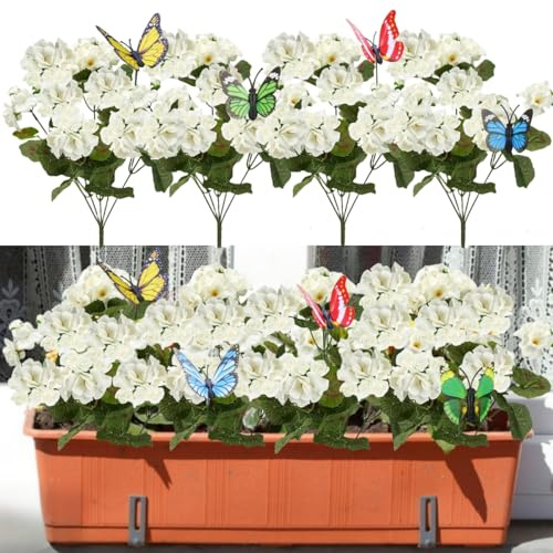 YELIKIT Flores artificiales para exteriores, 4 paquetes de geranios, plantas sintéticas, decoración de primavera y verano, flores de seda falsas, resistentes a los rayos UV, plantas de interior y