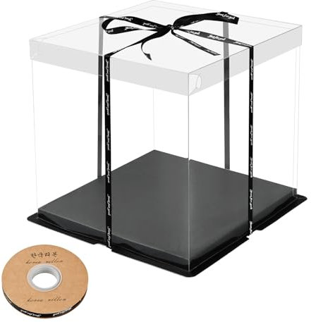 Cozlly Transparente Kuchenbehälter,Kunststoff Kuchenschachteln mit Band,Doppelschicht Tortenschachtel mit Deckel,Durchsichtig Cake Box,Tortenbehälter Einweg für Geburtstag Dessert- 8 Inch (Schwarz)