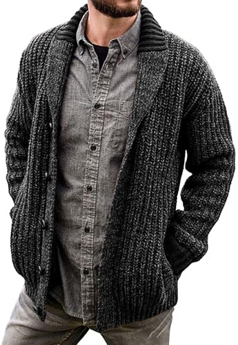 Gsywaipei Men's Thick Knitted Sweater Jacket Classic Long-Sleeve Men Knit Sweaters Coat Shawl Collar Button Knits Cardigans, Black, 5XL