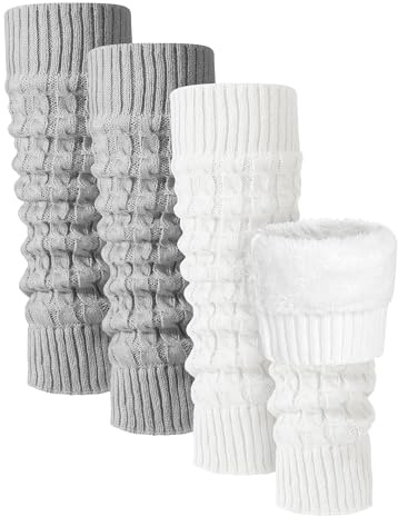 Shihanee 2 pares de calentadores de piernas con forro polar para mujer, cálidos y largos, calentadores de pantorrilla gruesos para patinar y caminar, gris, blanco, about 15.7 inches x 4.5 inches in