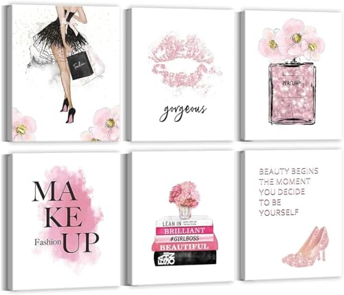 ANHUIB Fashion Women Art Print Pink High Heels Make Up Framed Wall Art Flower Perfume Positive Quote Elegant Wall Artwork For Girls Pink Canvas Wall Art Bedroom Living Room Dressing Rooms Set of 6