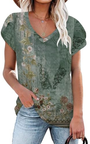 NARRAME Camiseta de Mujer Tops de Verano Camisetas de Manga Corta con Cuello en V para Mujer Floral Verde Rosa Medium M 38-40