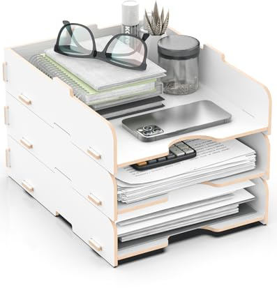 Lesfit Letter/File Tray, wooden Document Tray, Desk Organiser, A4 Format, 3 Layers stackable, White