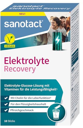 sanotact® Elektrolyte Recovery – Elektrolyt Pulver mit Cholin & Vitaminen – Hydration & Energie für Party, Sport & Festivals – Vegan, Pfirsichgeschmack – 10 Sticks