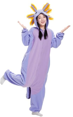 LANFAN Vuxen Axolotl Onesie pyjamas, unisex djurkostym, cosplay halloween jumpsuit nattkläder för kvinnor män