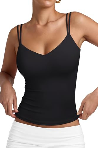 PINKMSTYLE Women Double Lined V Neck Tank Tops Sleeveless Going Out Spaghetti Strap Cami Tops Black Large