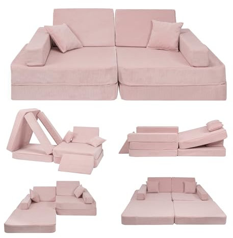 Angelove Kindersofa – Spielsofa für Kinder – Weiche Kinder Sofa mit Schlaffunktion – Kindercouch für Kinderzimmer, Cord, Puderrosa