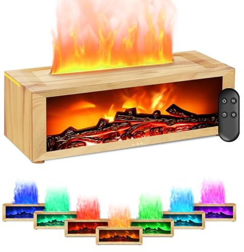 BuzzoXerex Diffuseur Huiles Essentielles Cheminée, Diffuseur Parfum Maison Flamme avec Télécommande, 7 Types de Lampes LED avec Minuterie, Idéal pour la Maison Bureau Sport (Effet Bois)