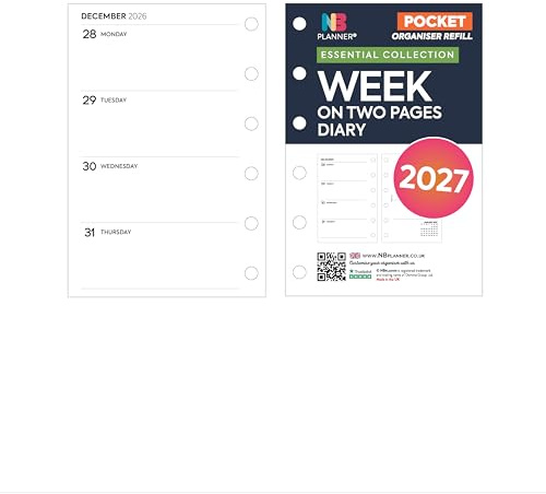 2027 Fickformat vecka på två sidor almanacka påfyllning | Engelska | januari 2027 – december 2027 | Kompatibel med Filofax organizers i fickformat | 81 x 121 mm