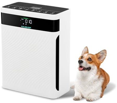 HAUSHOF Luftreiniger Allergiker mit HEPA Luftfilter entfernt 99,97% Partikel wie Staub, Pollen, Tierhaare, CADR 250 m³/h, PM2.5 LED-Anzeige, mit Haustier-Modus, 30dB Schlafmodus, Aromatherapie